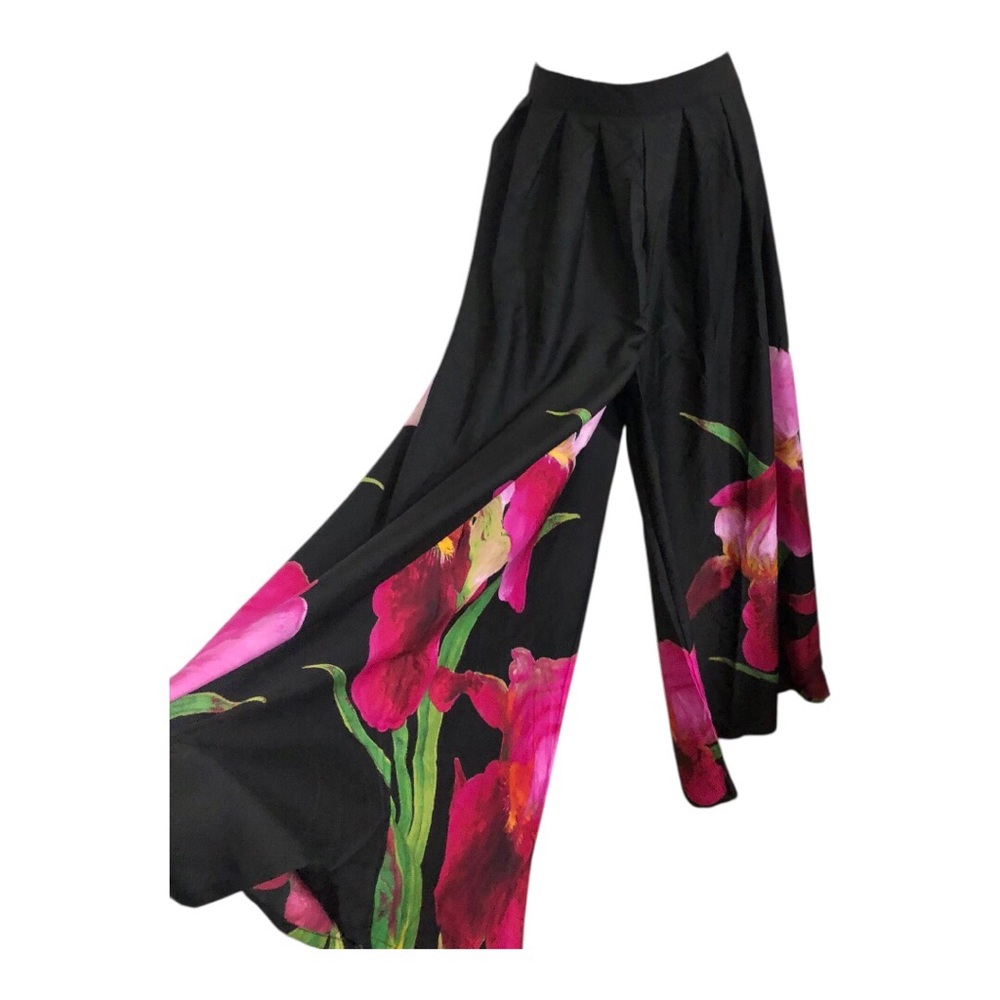 Black pink hibiscus floral tropical print hem wide leg flowy pants size XL new - Picture 7 of 17
